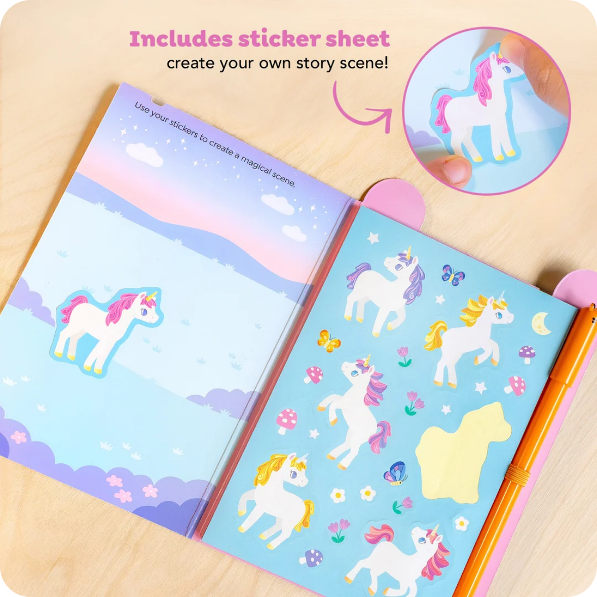 Unicorn-themed sticker book with stickers and a pink circle inset showing a unicorn sticker.
