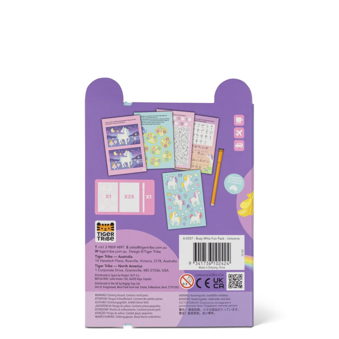 Back view of a children's activity pack with colorful pages and a pencil on a white background
