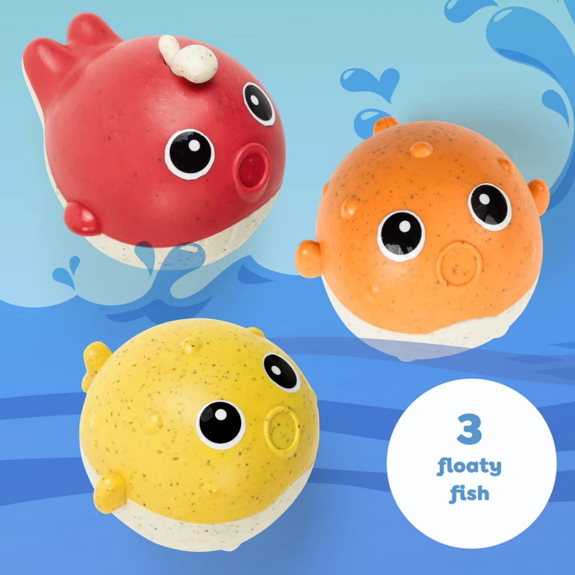 Three puffer fish bath floats in red, orange, and yellow, shown on a blue water-themed background with a white circle that reads '3 floaty fish'.