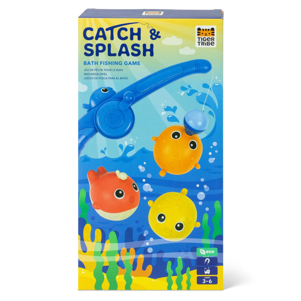 Tiger Trees Catch & Splash Bath Fishing Game in its retail packaging, featuring a blue box with colorful illustrations of a blue fishing rod, orange and yellow fish, and underwater plants.
