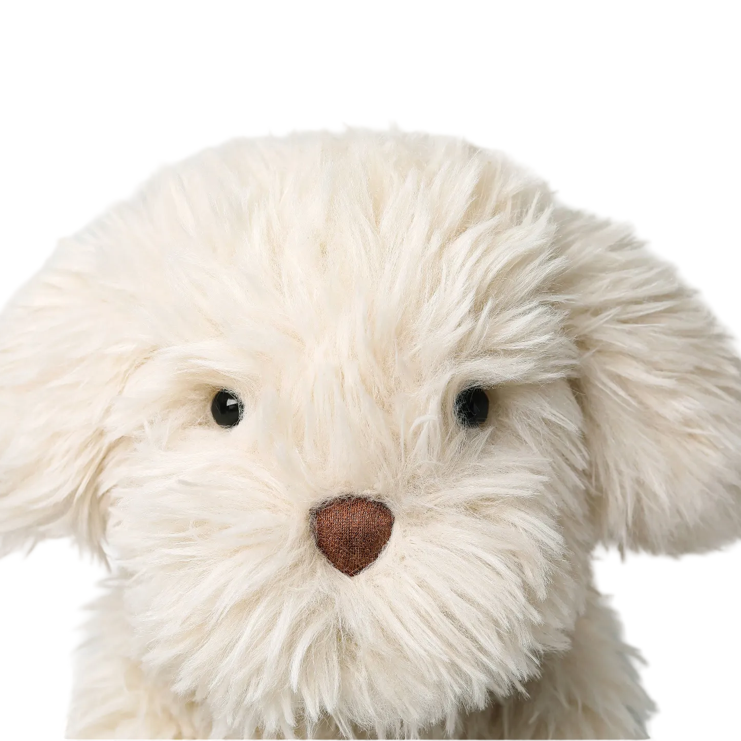 A close-up of a fluffy cream-colored plush puppy toy with black eyes and a brown nose, shown against a white background inside a software preview window.