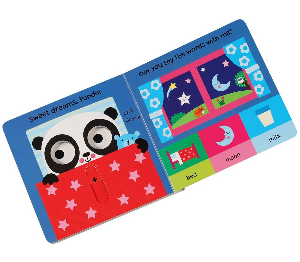 A children's board book with colorful illustrated pages, showing a panda peeking out of bed on one side and nighttime scenes with labeled words like moon, bed, and milk on the other, photographed on a white background.