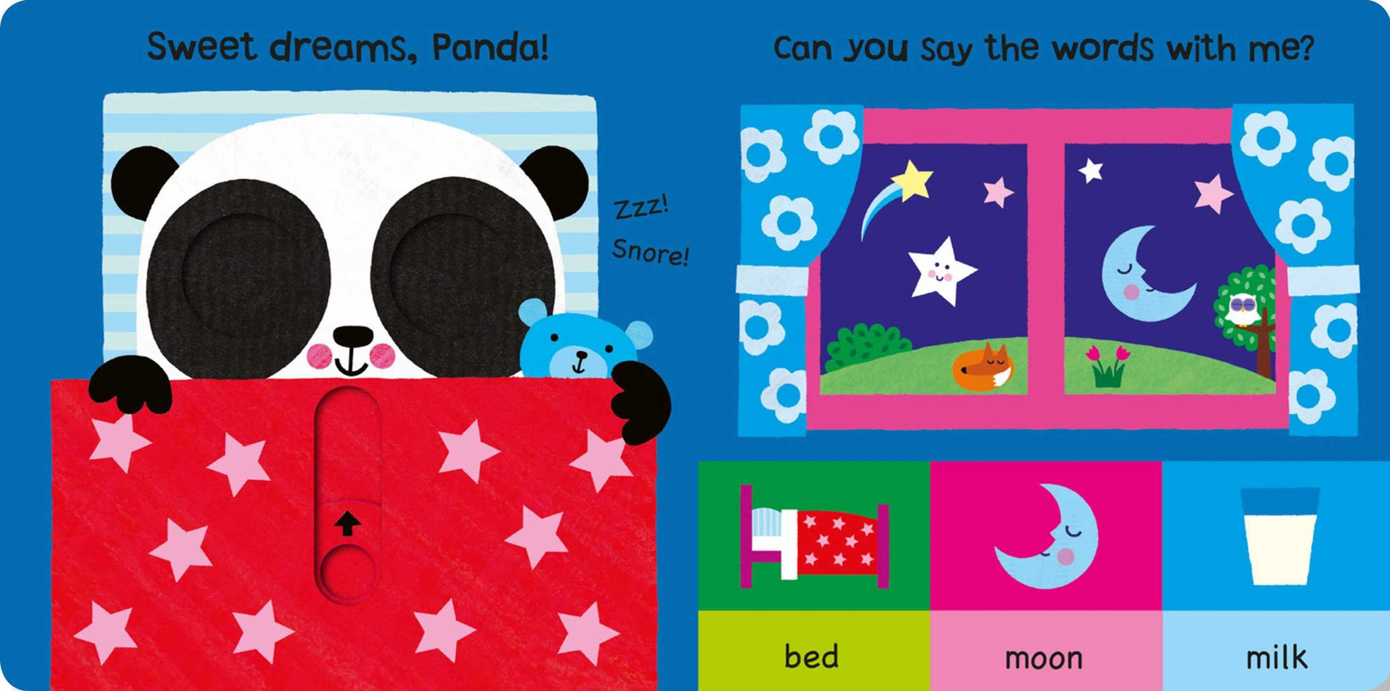 A colorful children's board book featuring a panda peeking out of a red star-patterned bed on the left, and two night-scene illustrations with stars, moon, and flowers on the right. The bottom has four bright color blocks labeled bed, moon, and milk.