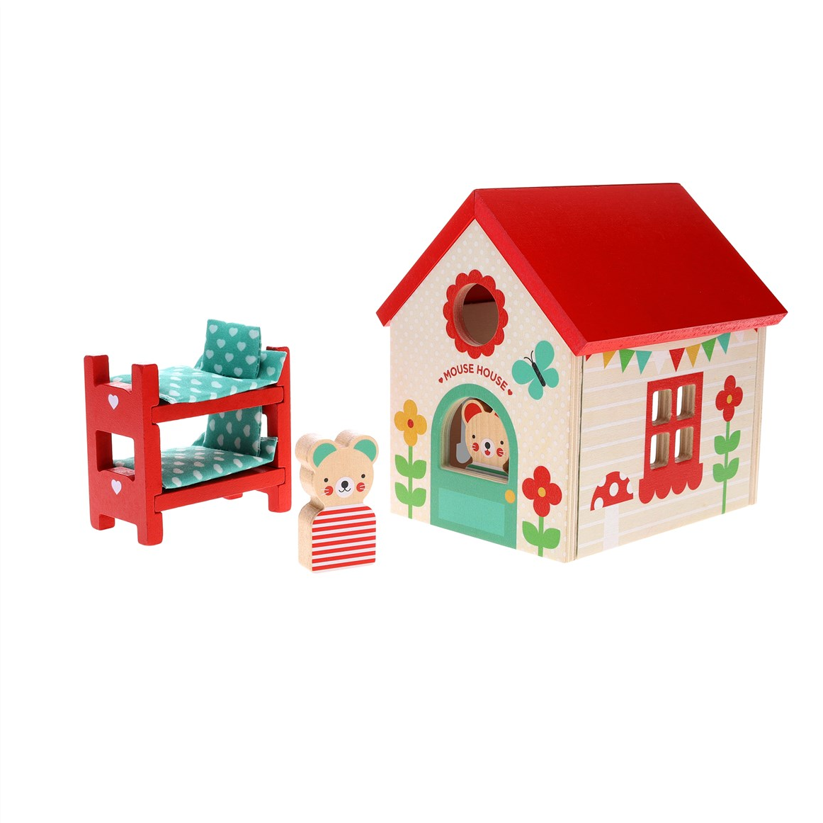 Wooden mouse house with a mouse figure and a small red chair on a white background