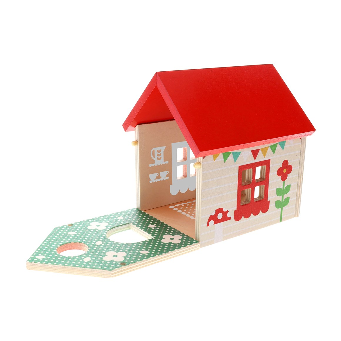 Wooden toy house with a red roof on a white background