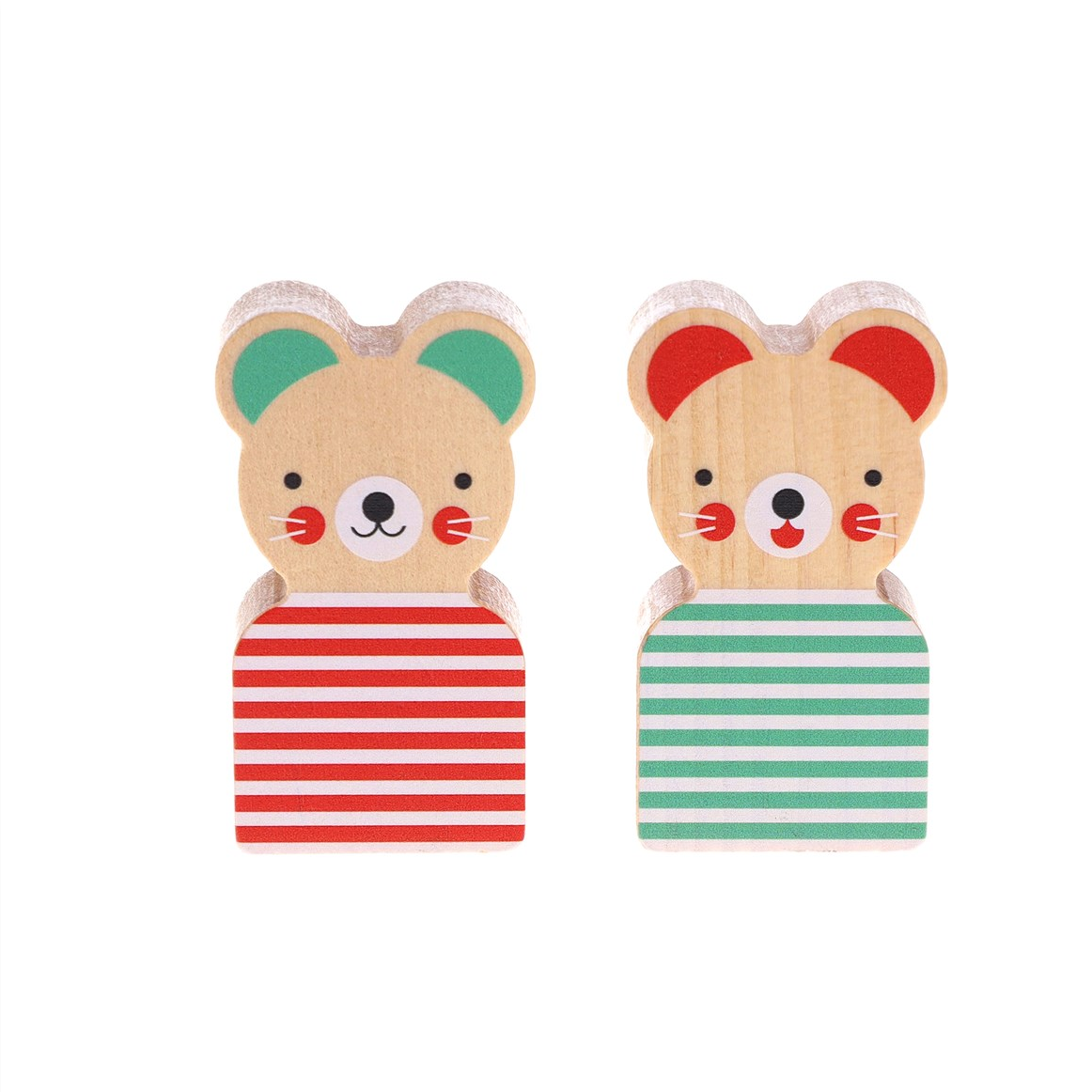 Two wooden bear-shaped blocks on a plain white background. One has red and white horizontal stripes with green inner ears, and the other has green and white horizontal stripes with red inner ears.