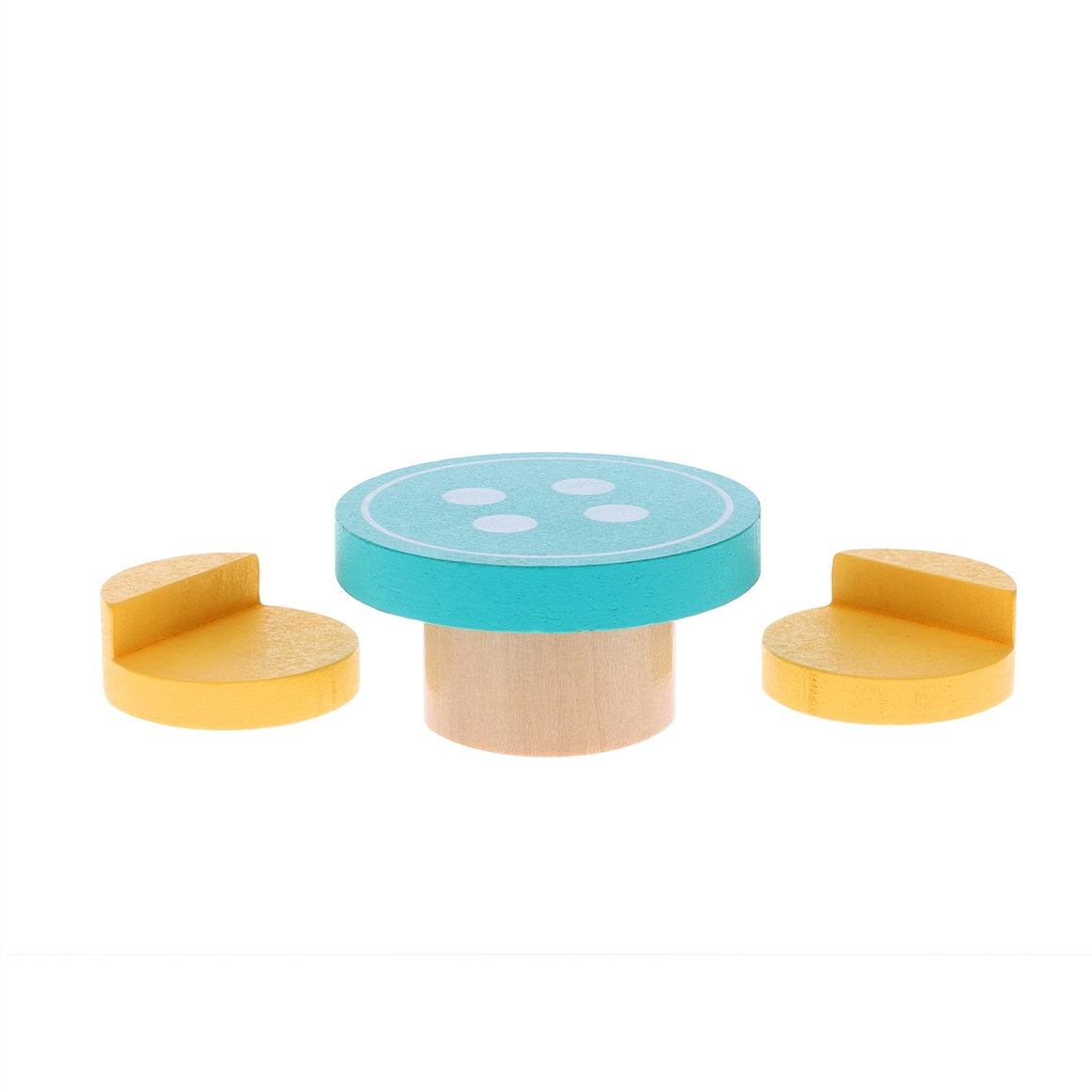 A small wooden toy furniture set featuring a round table with a turquoise top and natural wood base, flanked by two yellow semi-circular chairs on a white background.