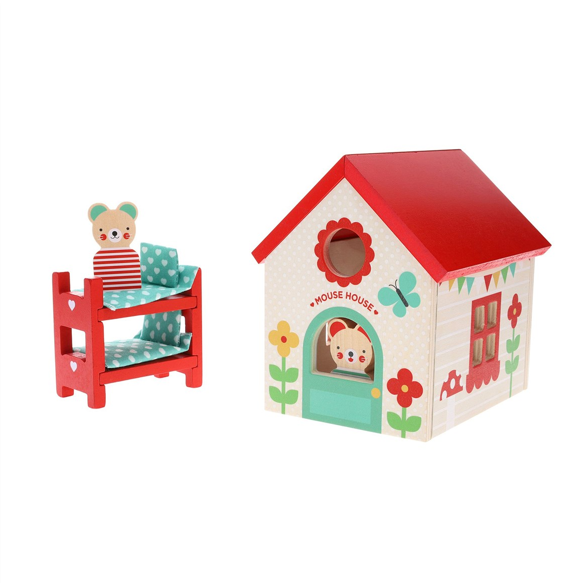 Children's toy mouse house with a teddy bear on a white background