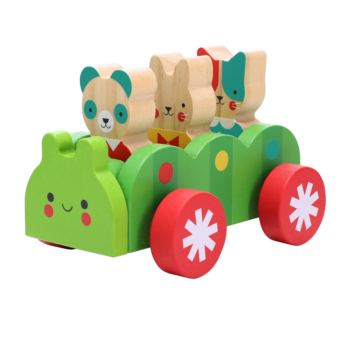 Wooden toy train with animal faces on a white background