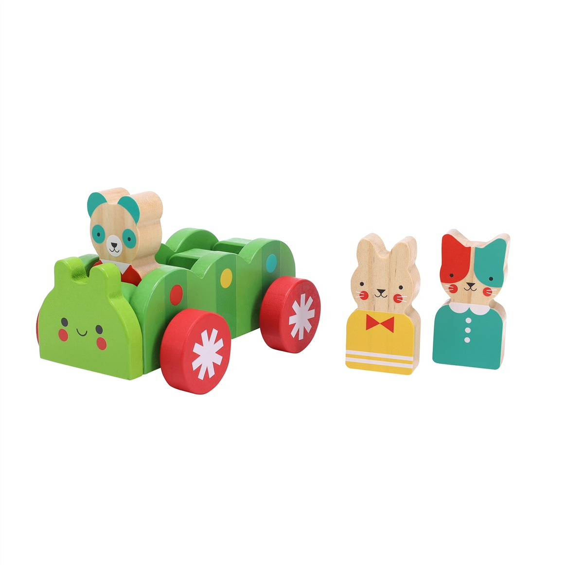 Colorful wooden toy train with animal figures on a white background