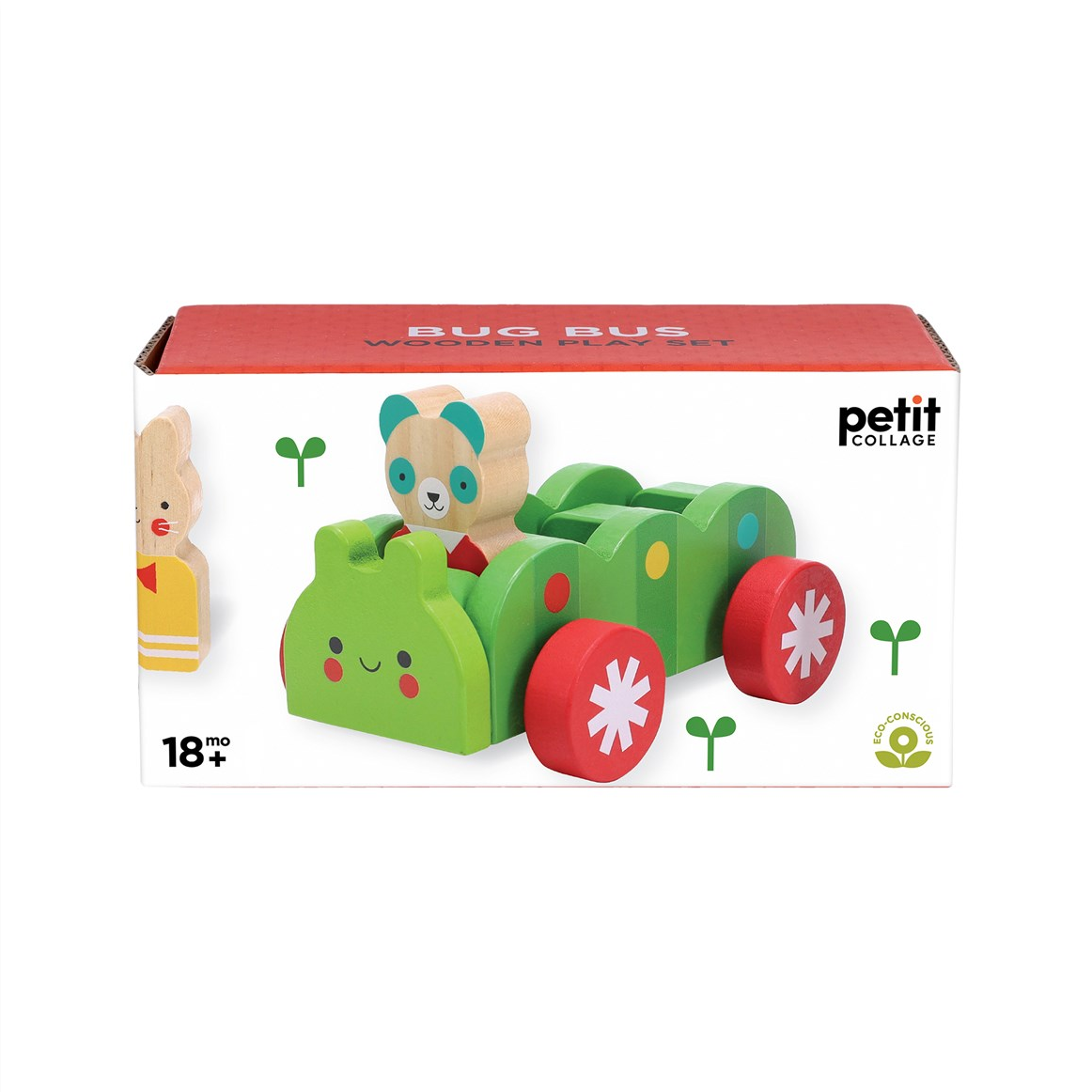 Boxed wooden toy set with a green bus and bear figure, branded 'petit collage'.