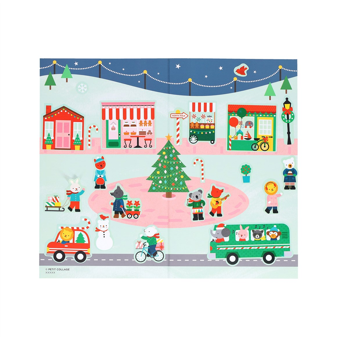 A square illustrated print or card showing a whimsical Christmas village scene with stylized characters, storefronts, a decorated tree, candy canes, and vehicles on a pale blue background.