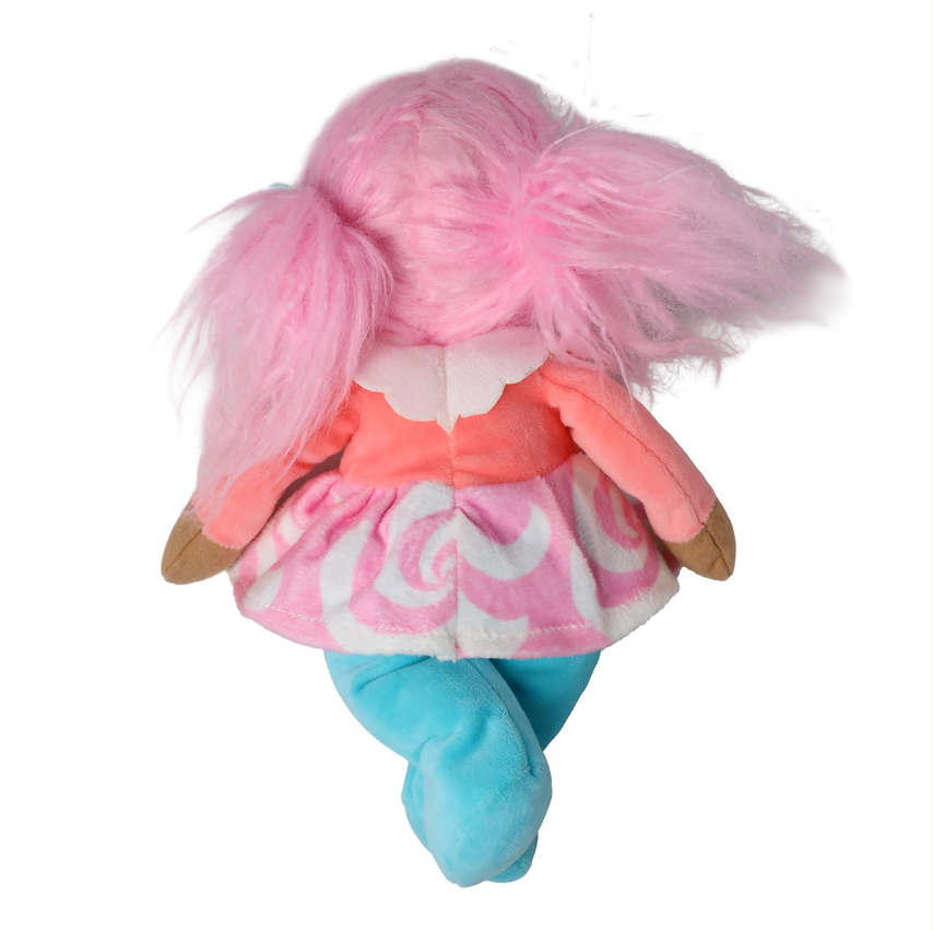 A plush doll viewed from behind, featuring fluffy pink hair in pigtails, a pink and white swirl-patterned dress, a coral-pink top, and light blue pants, set against a plain white background.