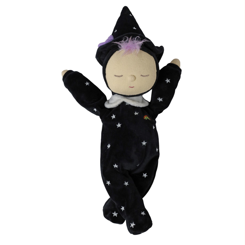A plush baby doll dressed in a black wizard outfit with white stars, a pointed hat, and a small rainbow detail, shown against a plain white background.