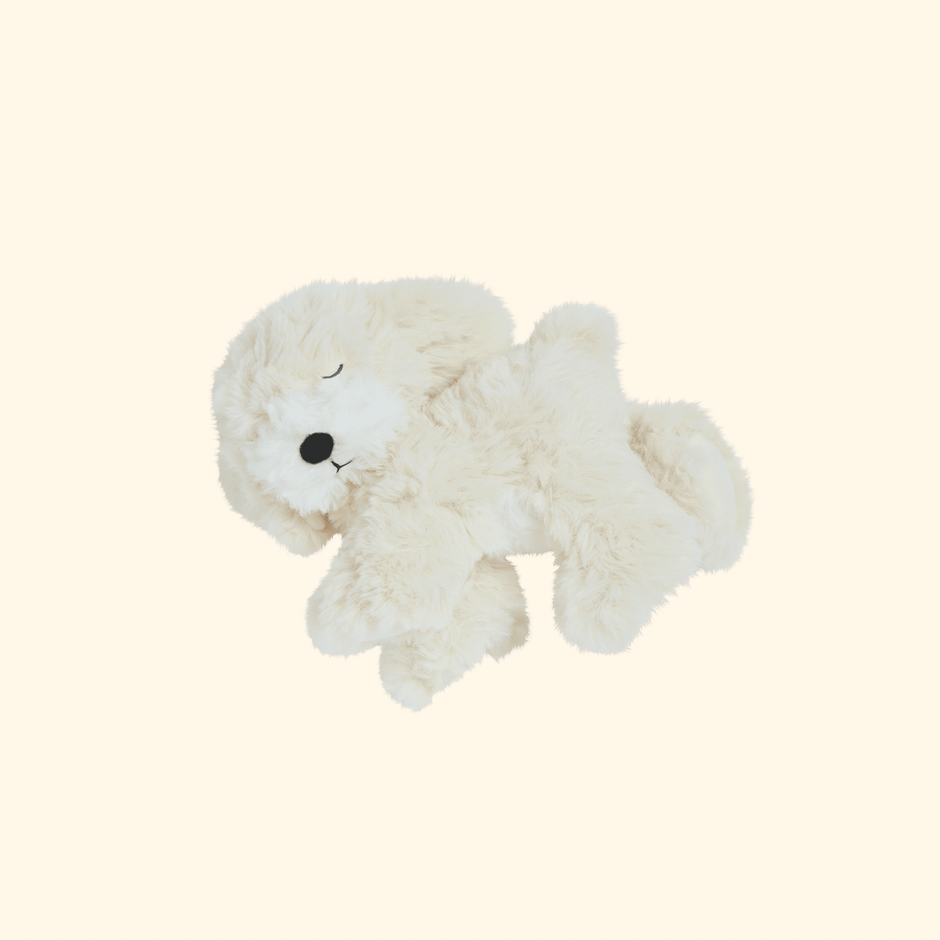 A fluffy cream-colored plush dog toy with a black nose and closed eyes, lying on a solid pale cream background.
