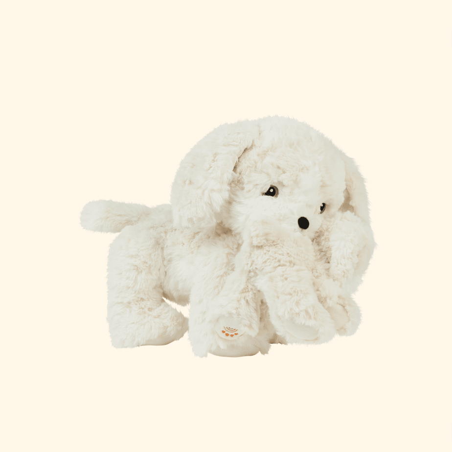 A fluffy white stuffed dog toy with long floppy ears, black eyes, and a small black nose, posed on a plain warm cream background.
