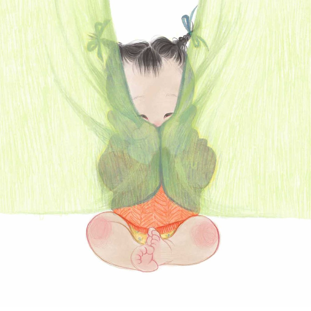 A stylized illustration of a child sitting cross-legged in front of a translucent green curtain, with the face obscured by the fabric. The child wears an orange textured garment.