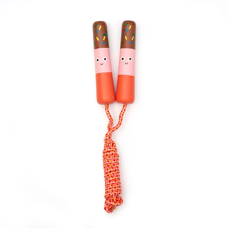 Colorful jump rope with smiling face designs on a white background