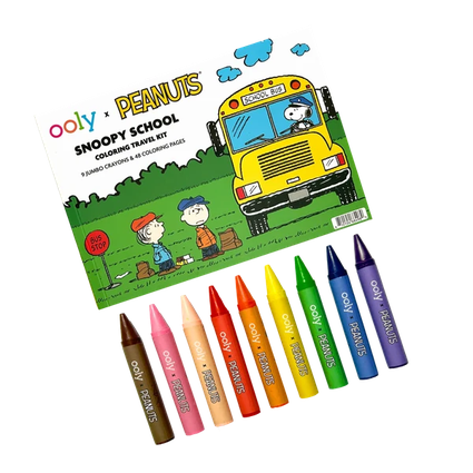 Ooly Peanuts Snoopy School coloring travel kit with crayons and coloring pages on a white background