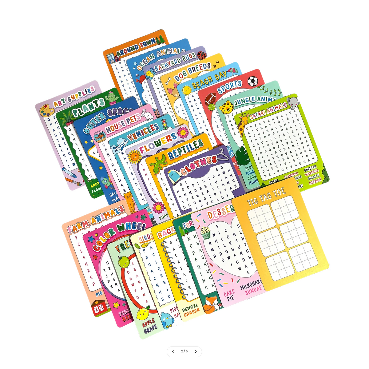Collection of colorful educational activity sheets on a white background