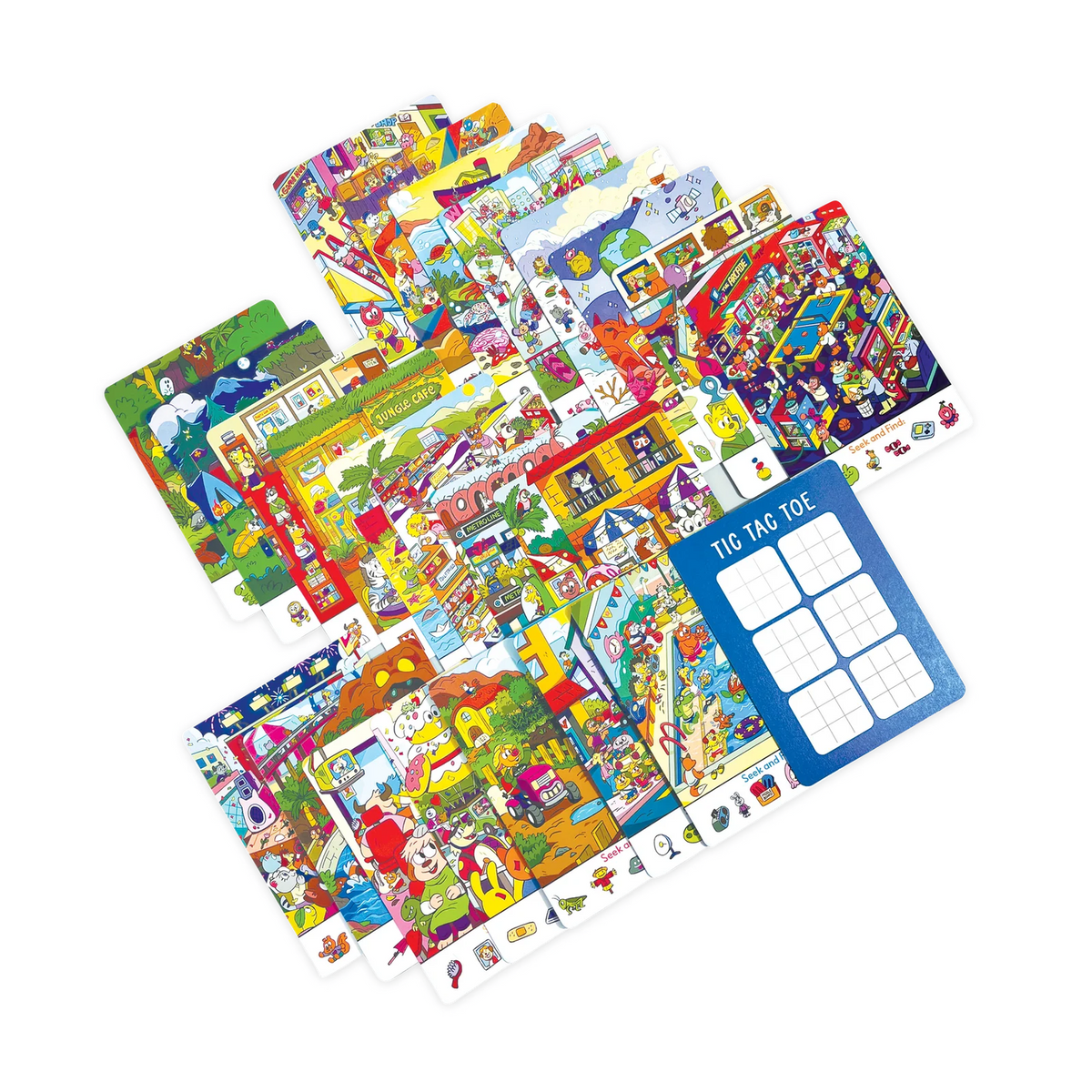 Collection of colorful children's educational cards on a white background