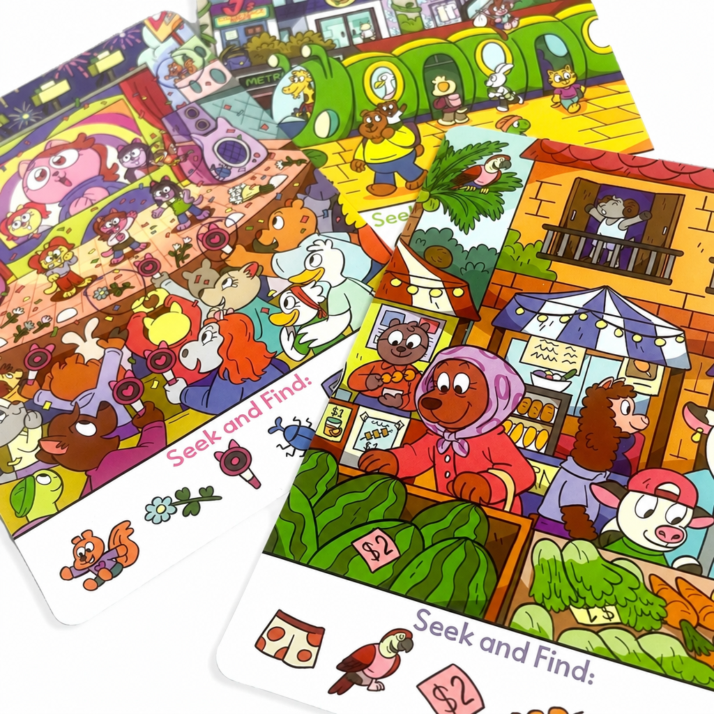 Two colorful children's activity cards featuring cartoon animal characters in a busy market scene, with 'Seek and Find:' prompts and small icons printed along the white borders.
