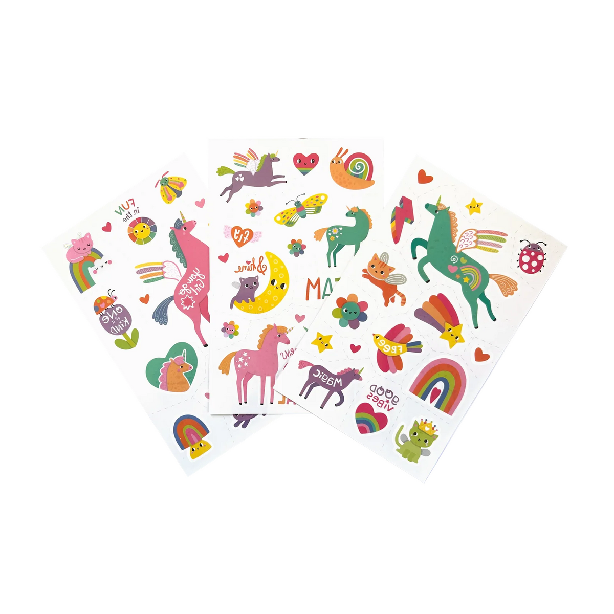 Three sheets of colorful cartoon stickers featuring unicorns, flowers, hearts, rainbows, stars, and playful illustrations on a white background.