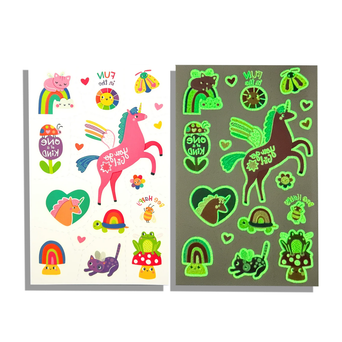 Two sheets of colorful cartoon stickers displayed side by side on a white background. The left sheet has a white base with a pink unicorn, rainbow, sun, flowers, and other playful illustrations.