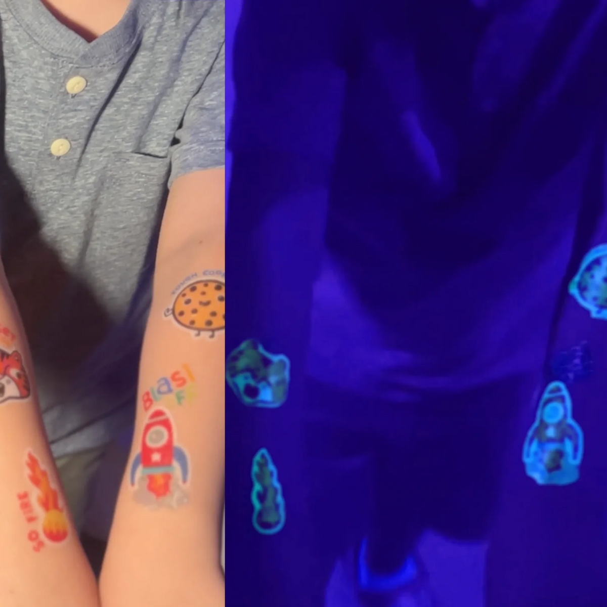 A split-screen comparison showing temporary tattoos on human arms under normal light on the left and under blacklight on the right, highlighting their glow-in-the-dark effect.
