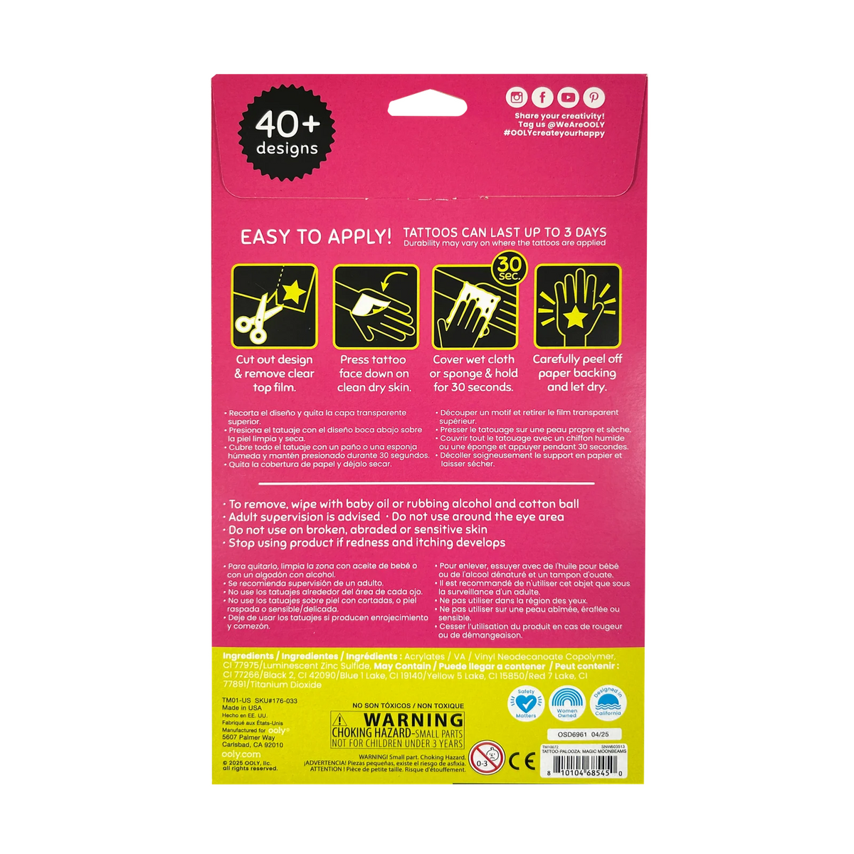 The back of a pink and yellow package for a tattoo removal product, featuring text, icons, and instructions on how to apply and remove tattoos.