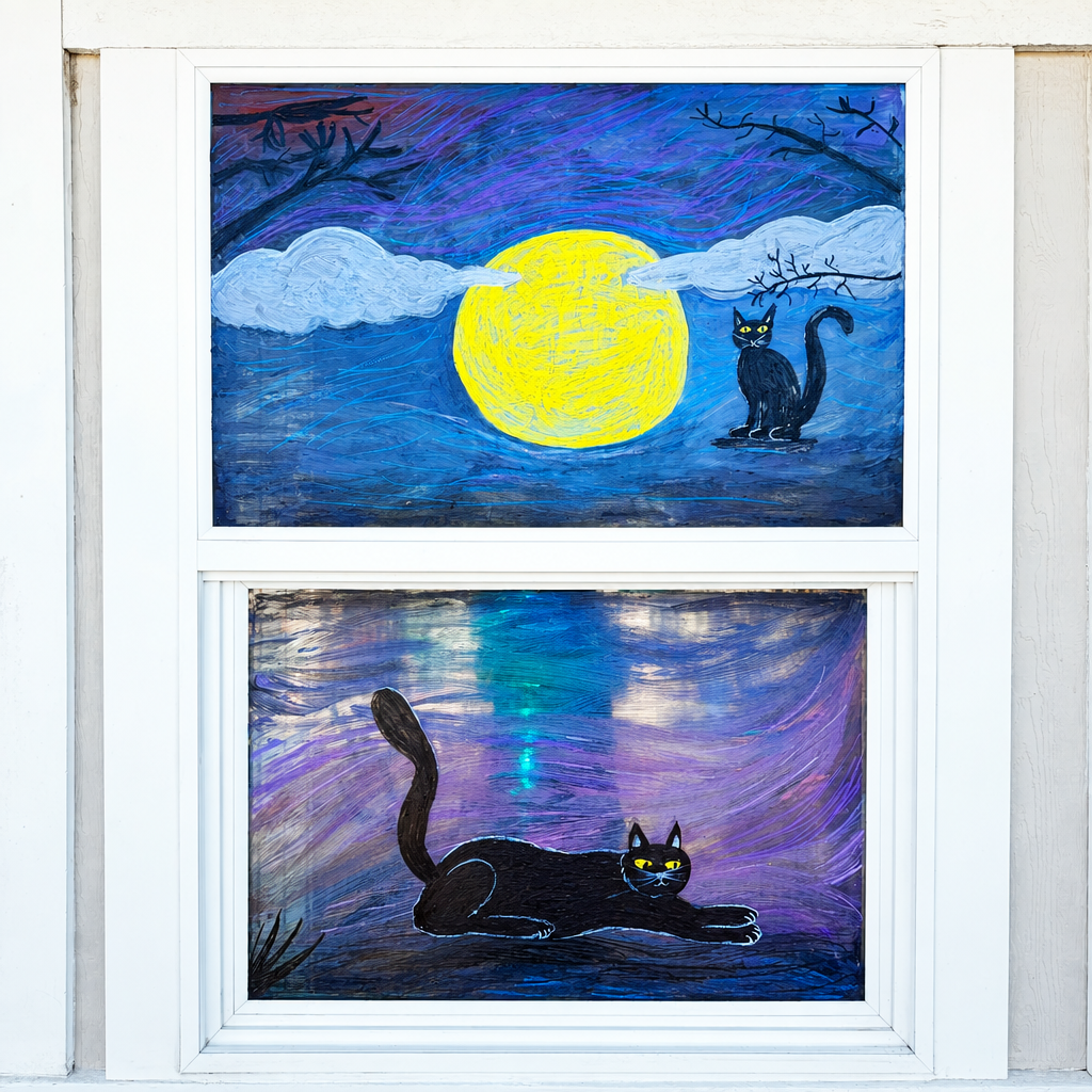 A double-hung window painted with two whimsical black cat scenes under a large yellow full moon. The top panel shows a black cat standing on a snowy white bank, and the bottom panel shows a black cat stretching on a dark, reflective surface.