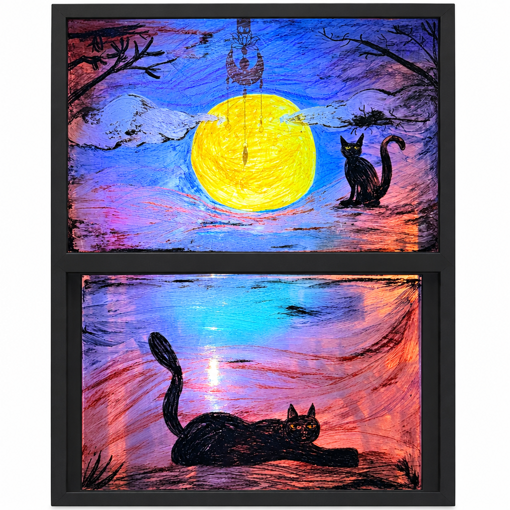A handmade stained glass window featuring a two-panel design with a large yellow full moon, black cat silhouettes, and a hanging lantern, shown illuminated in a dark room.