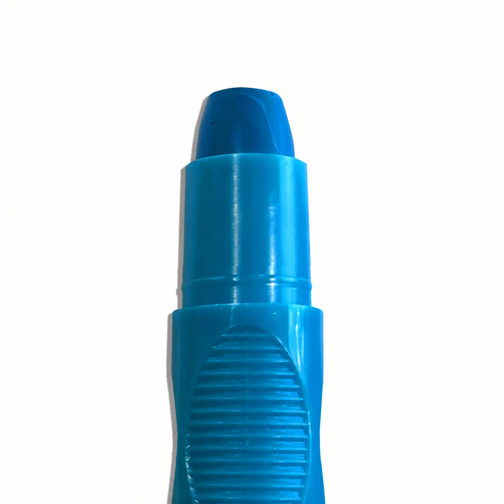 A close-up of a bright blue marker or crayon-style writing tool with a ribbed handle, shown against a plain white background.