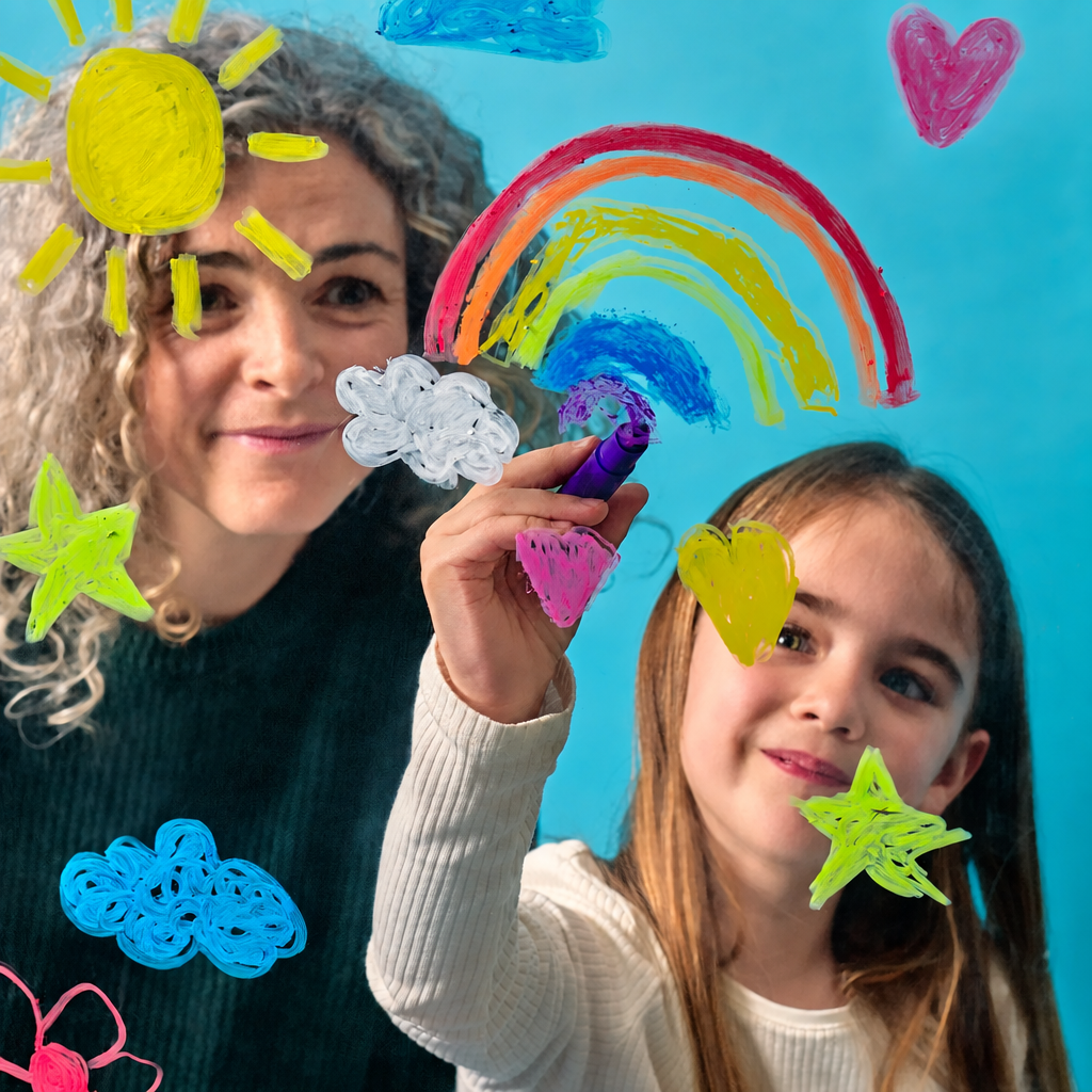 A woman and a young girl smile while holding a colorful marker that draws a rainbow and hearts on a bright blue surface. The scene is playful and creative, with additional hand-drawn stars, clouds, and suns visible.