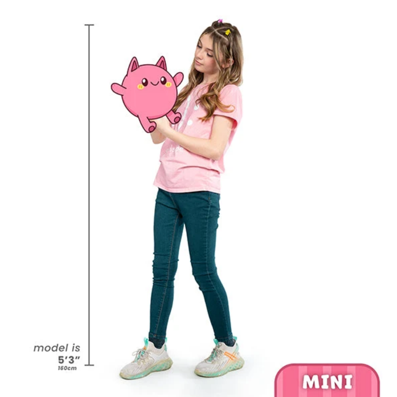 A girl modeling a small pink plush toy with a cartoon face, standing against a white background with a height measurement line indicating the model is 5'3" (160cm). A pink 'MINI' label is in the bottom right corner.