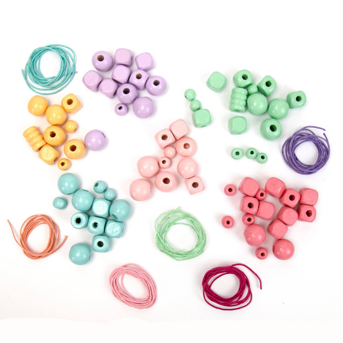 A product photo of assorted craft beads and cords in pastel colors, including pink, purple, green, yellow, and orange, arranged on a white background. 