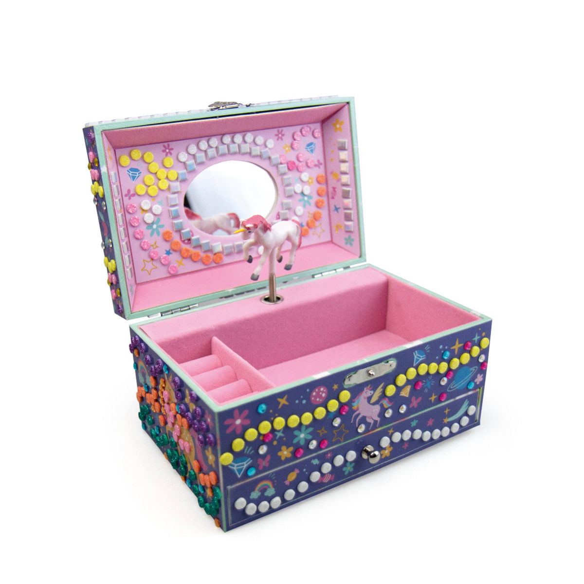 A decorated wooden jewelry box with an open lid, featuring a pink interior, a small mirror, and colorful floral patterns with yellow, pink, blue, and white accents.