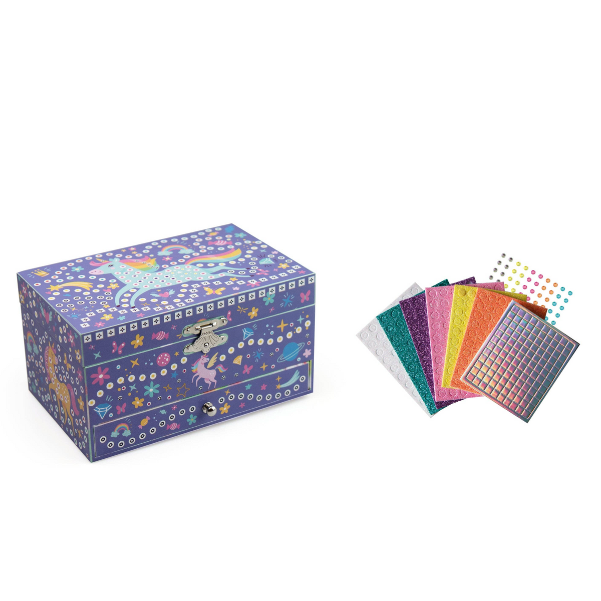 A  decorative purple unicorn-themed box alongside several colorful glitter sheets or tiles on a white background, 