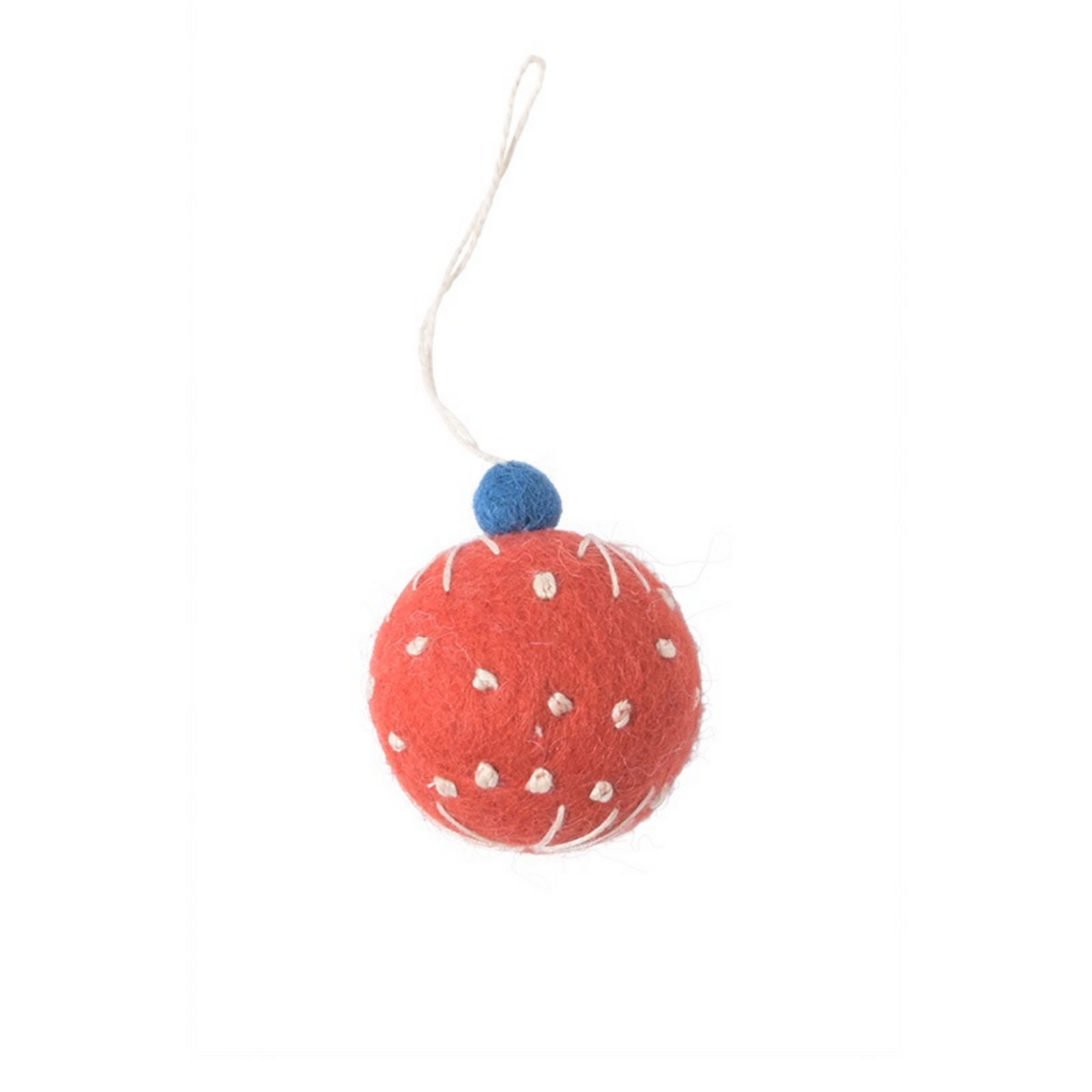 A red felt Christmas ornament shaped like a strawberry, featuring white embroidered seeds, a blue felt top, and a white hanging string, shown against a plain white background.