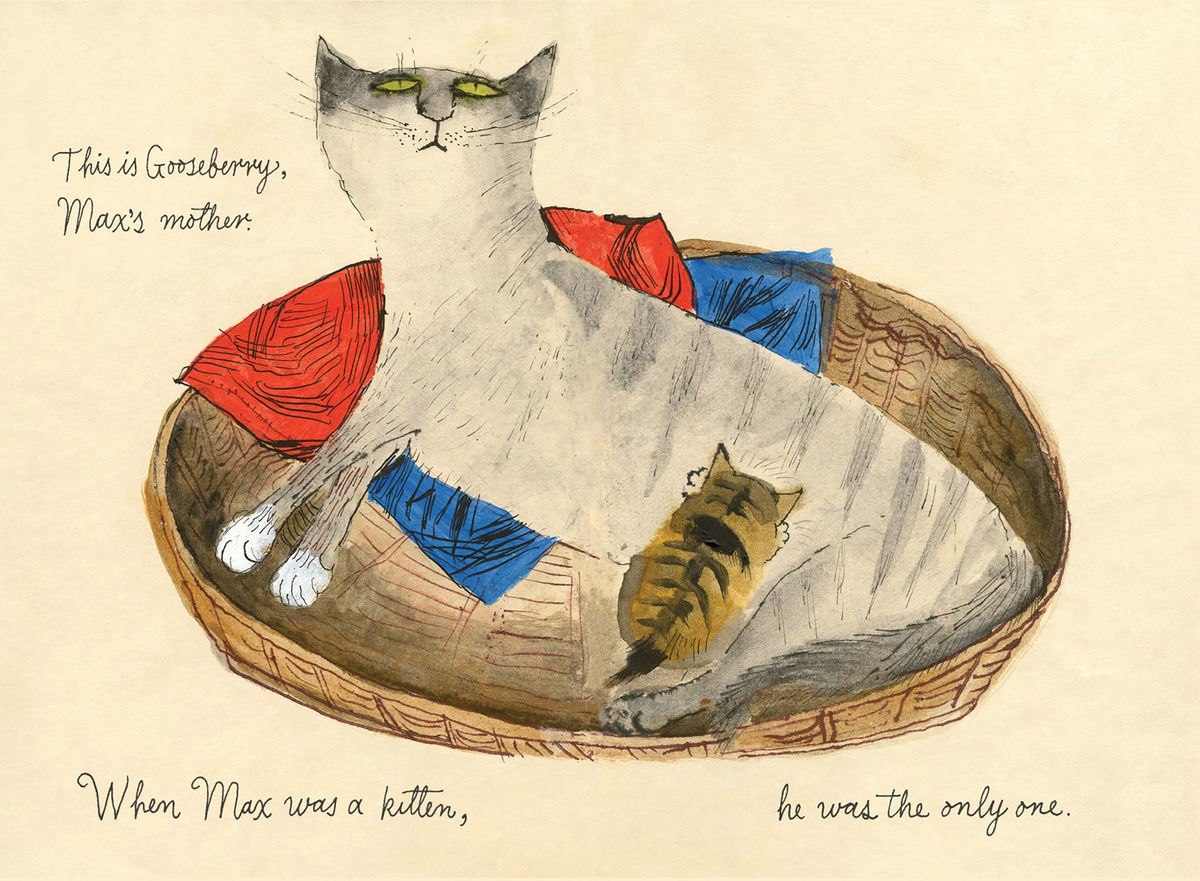 Vintage-style illustrated print showing a large gray cat lounging in a woven basket with a smaller tabby kitten, plus handwritten text on a warm cream background.