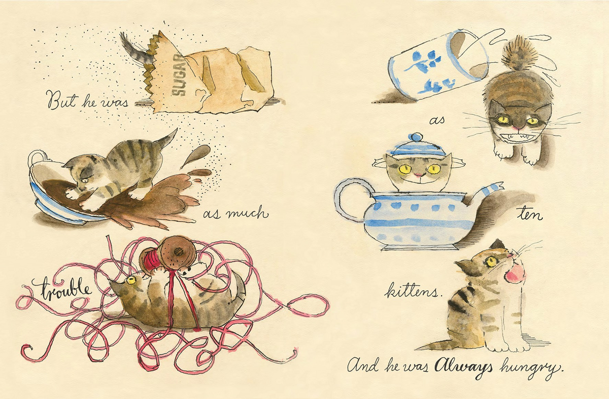 A whimsical watercolor illustration on a cream background featuring a series of six panels with cats and handwritten text. The illustrations include a cat eating sugar from a broken cup, a cat playing with a broken teapot, a cat tangled in pink yarn, and a cat looking hungry.