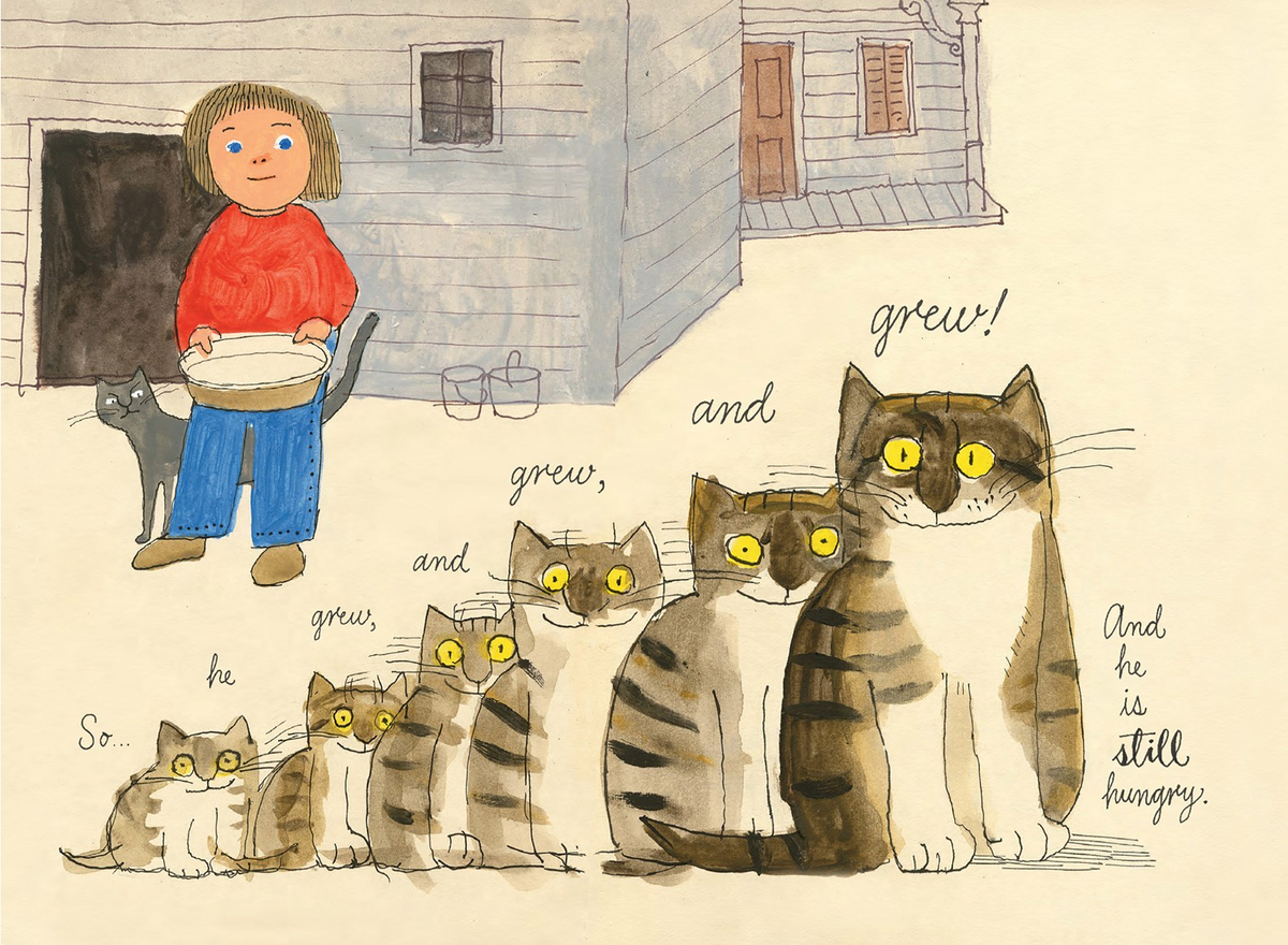 Illustration of a child with cats in a rustic setting, featuring text about growth and hunger.