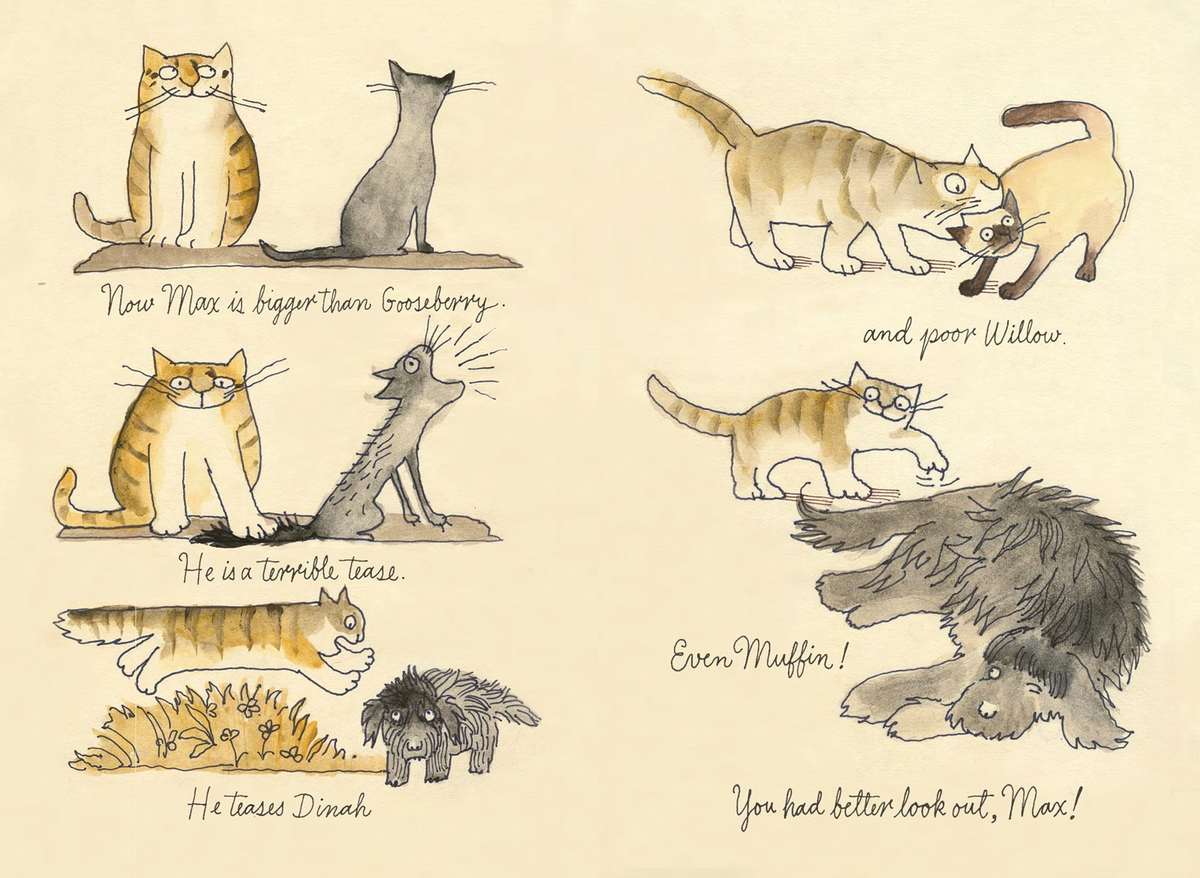 Illustrations of cats with text on a beige background