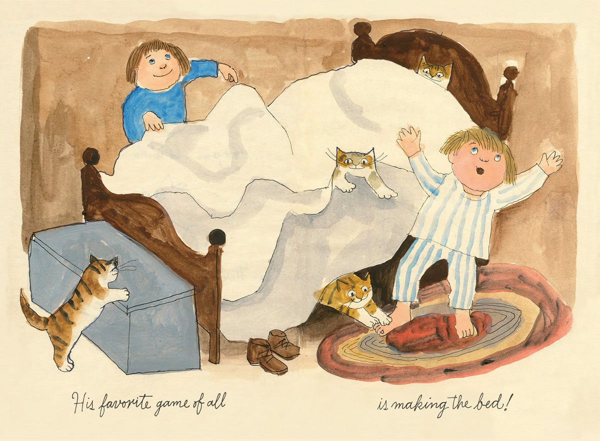 Illustration of children making the bed with cats around