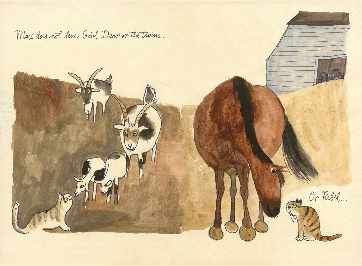 A whimsical watercolor-style illustration on a cream paper background showing a brown horse bending down near several goats and a small cat, with handwritten text reading 'Max does not like Goat Doo in the twine.