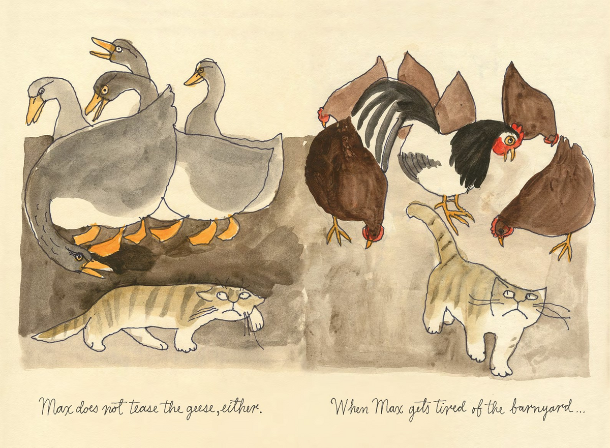 Illustration of various animals including ducks, chickens, and cats on a beige background.
