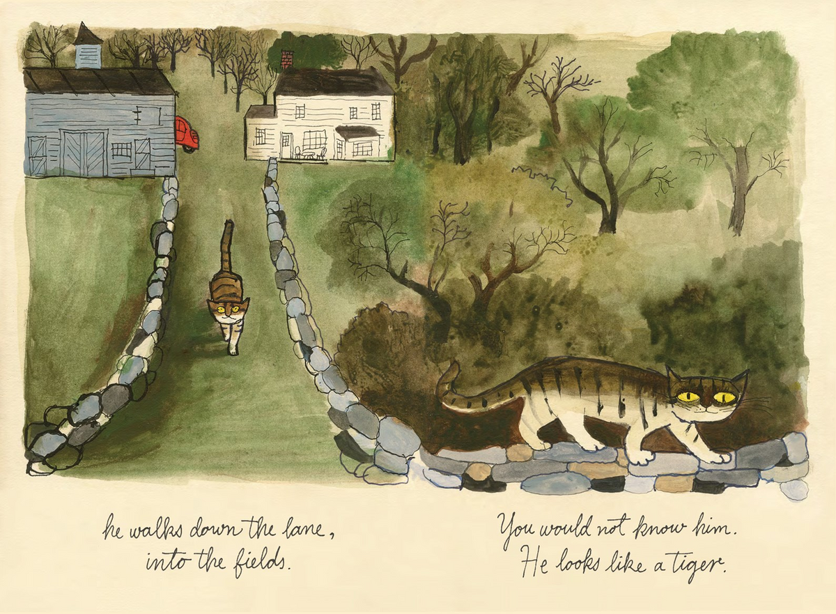 A watercolor-style illustrated scene on aged cream paper showing two cats in a rural setting with stone walls, trees, houses, and handwritten text at the bottom.
