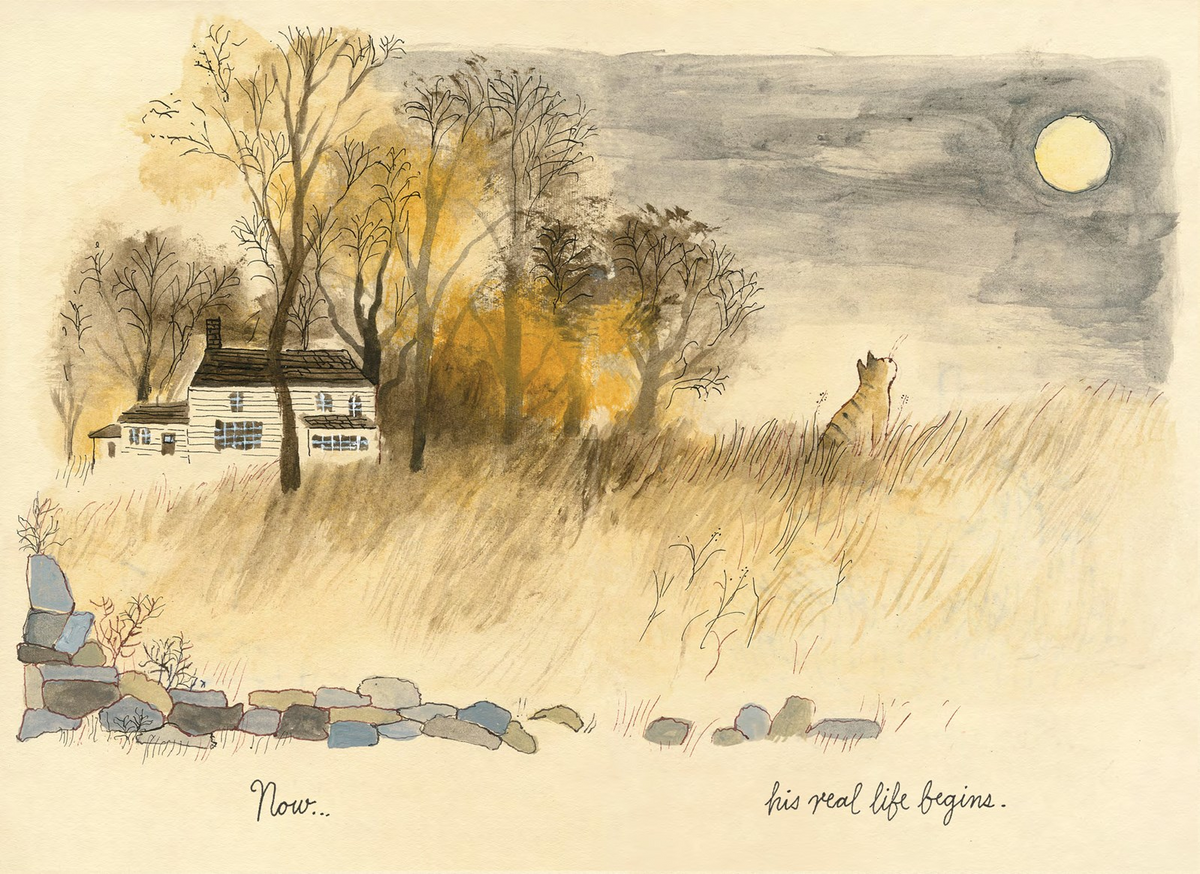 Watercolor and ink landscape artwork showing a small white house among bare trees, a grassy field with a cat on the right, rocks in the foreground, and a large pale moon in a cloudy sky. Handwritten text appears at the bottom.