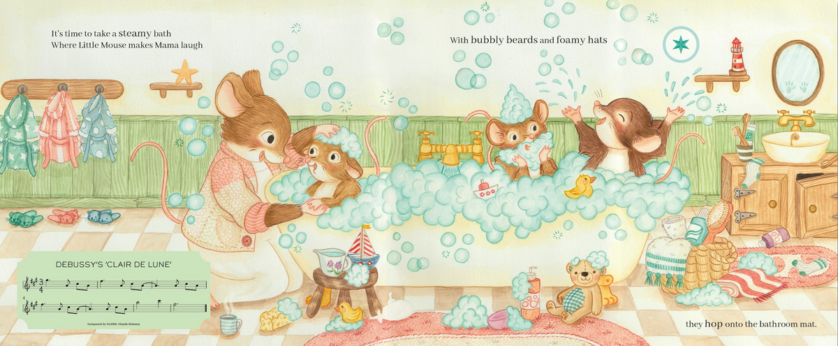 A whimsical illustrated children's book or art print showing a family of mice taking a bubble bath in a bathroom. The scene includes a mother mouse, baby mouse, father mouse, and a duck, surrounded by bubbles, toys, and musical notes, with French text at the top and bottom.