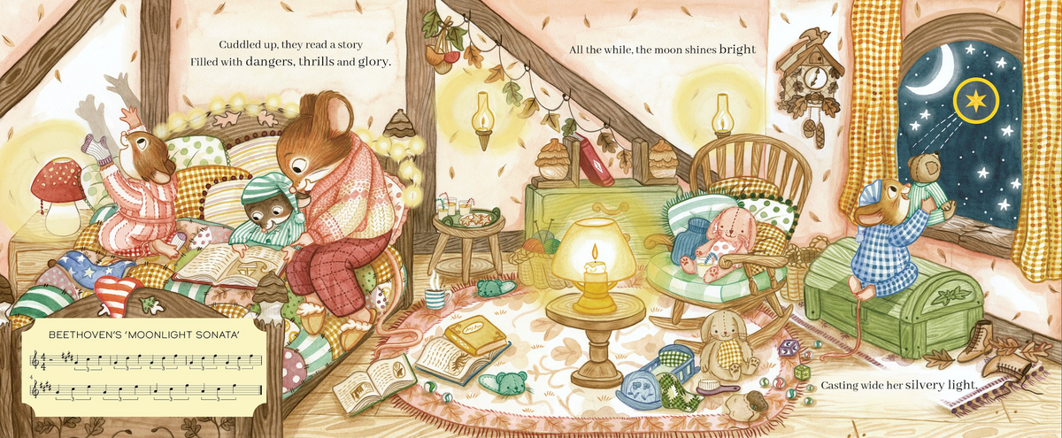 A whimsical illustrated attic bedroom scene with a bear family reading and playing together under warm string lights and a glowing lamp. A child holds a stuffed bear near a window showing a starry night sky.